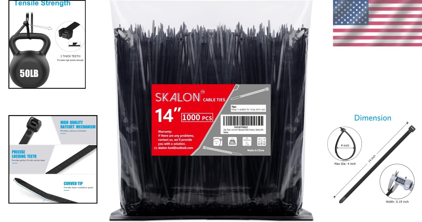 High Quality Zip Ties 14 inch 1000 Pack - UV Resistant with Self-Locking Design