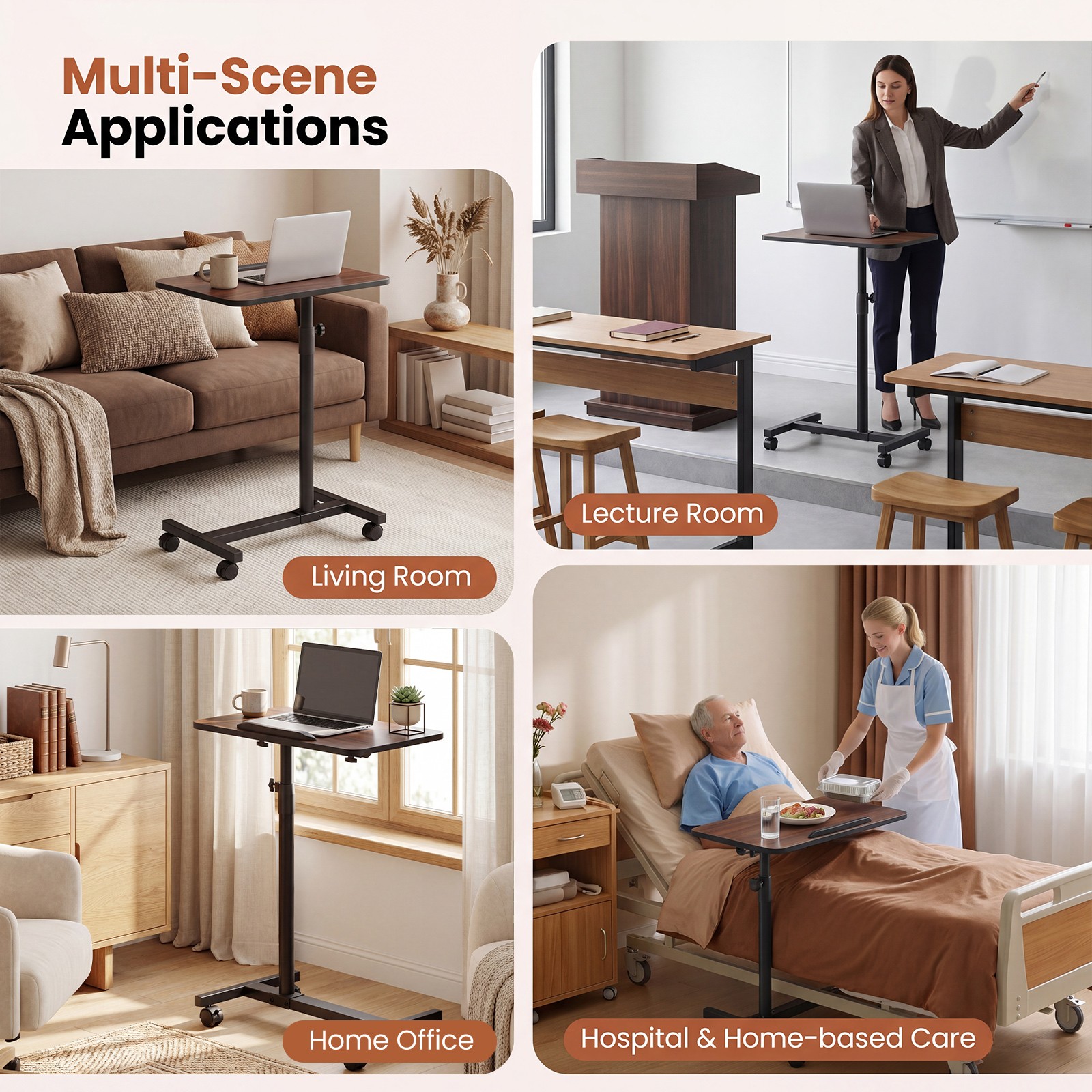 Overbed Table w/Lockable Wheels, Adjustable Height, 360° Swivel for Small Spaces