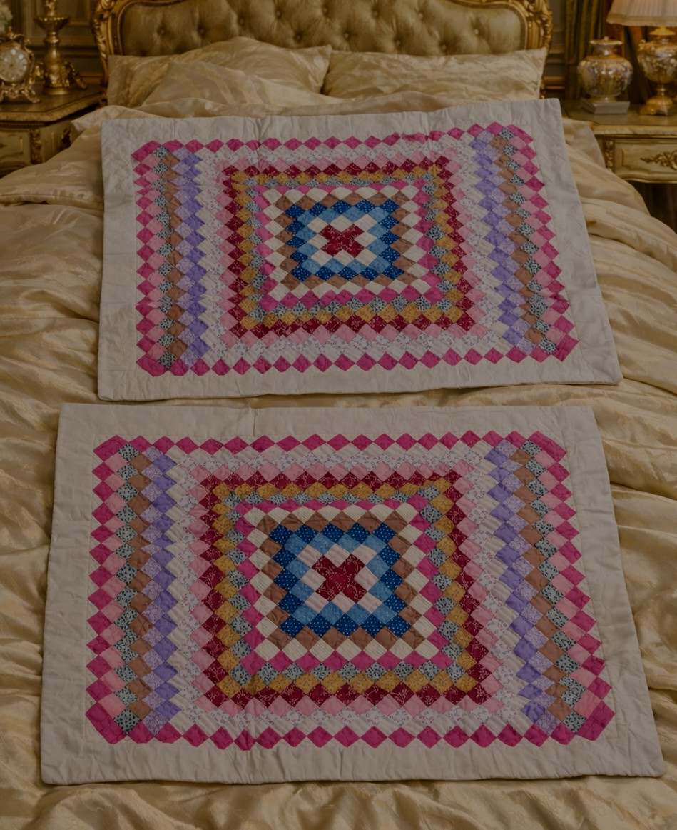 Two quilted patchwork pillow shams, 20" × 26"