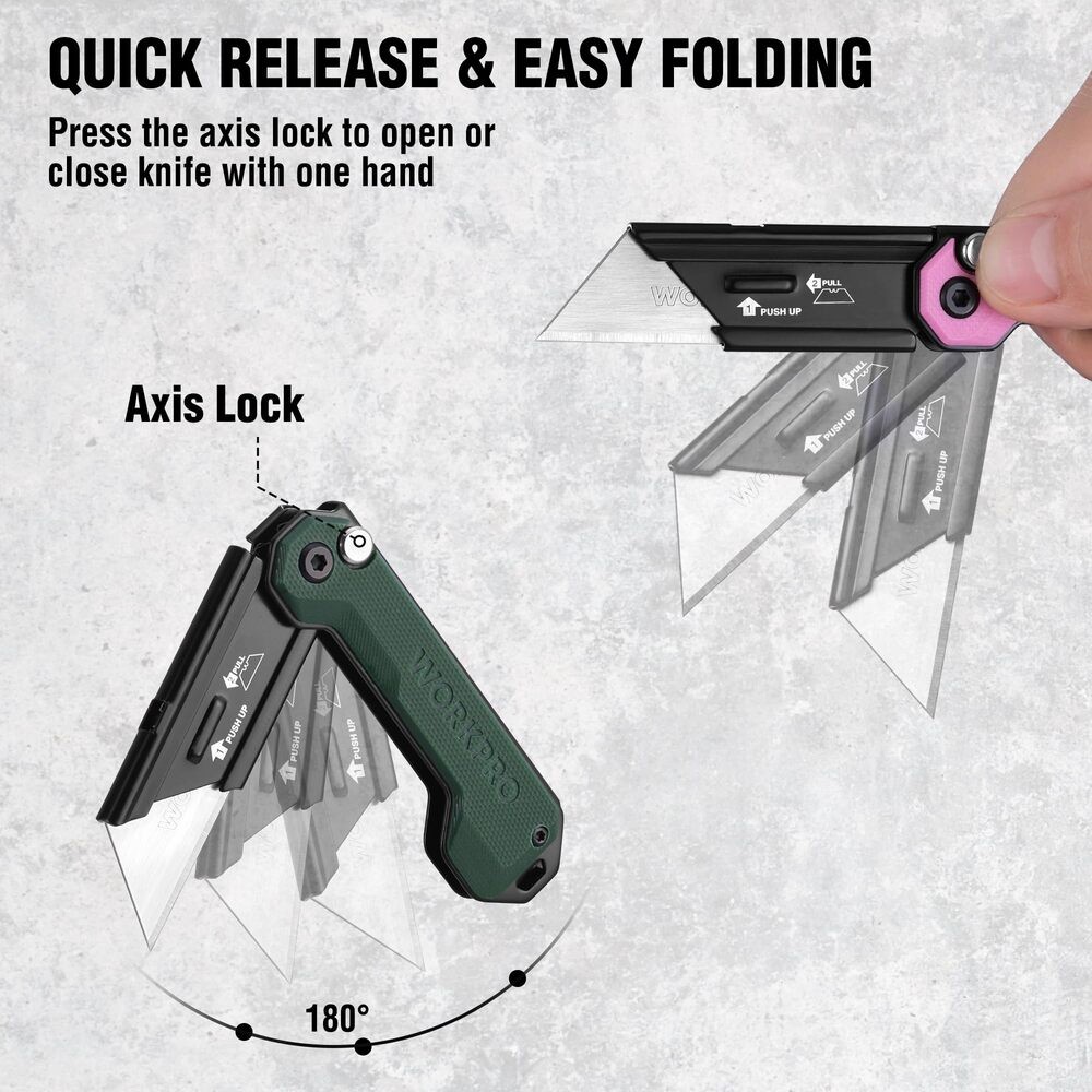 WORKPRO 3PCS Folding Utility Knife Box Cutter G10 Handle Axis Quick Change Blade