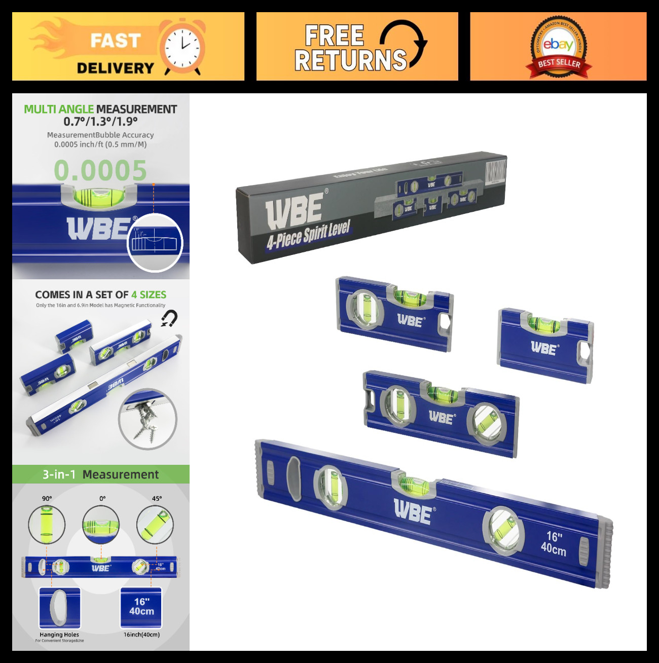4-Piece Magnetic Torpedo Level Set - 16", 7", 5", 4" Aluminium Alloy with Bubble