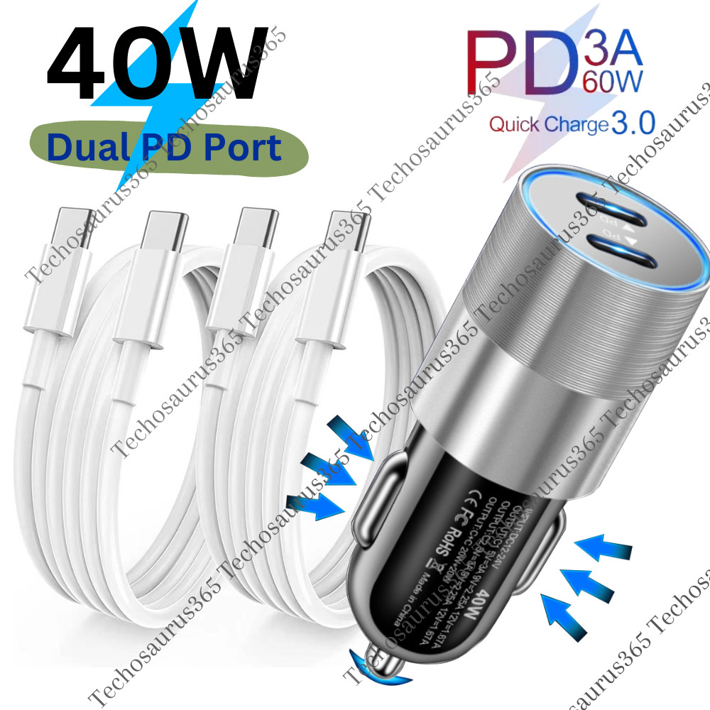Dual Type C PD Fast 40W Car Charger Adapter Cable For Sumsang Macbook iPhone 15