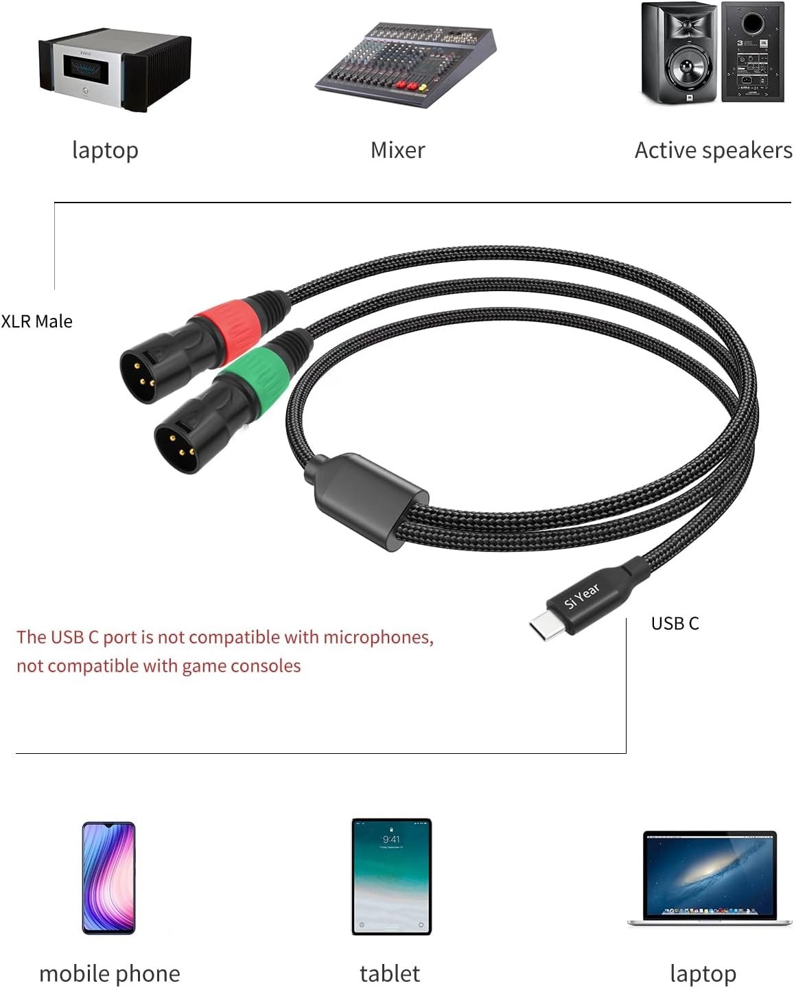 1M USB Type C to Dual XLR Cable - Durable Audio Adapter for Live Performances