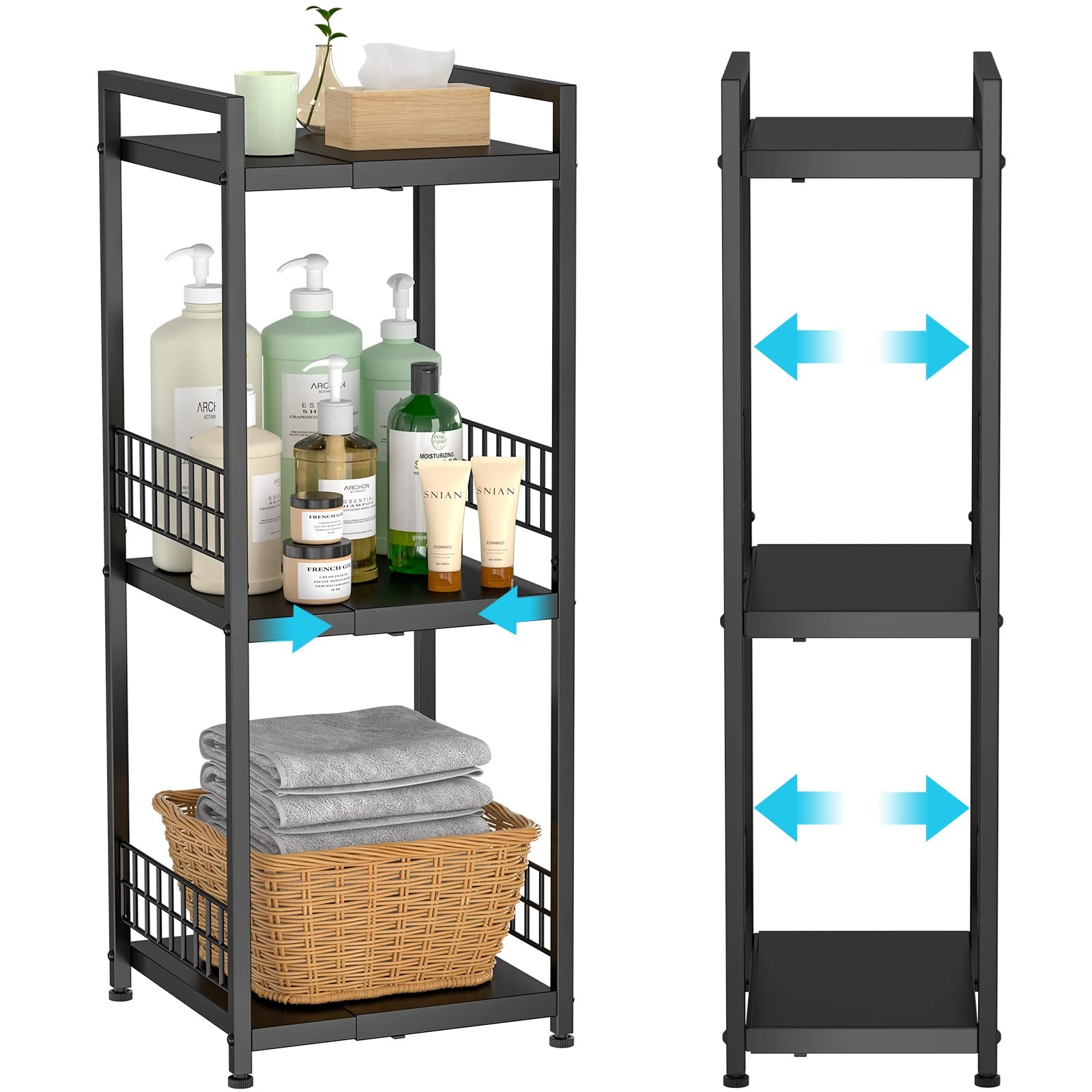 DAOUTIME 3-Tier Metal Shelving Unit, Expandable, Free-Standing, 3-tier, Black
