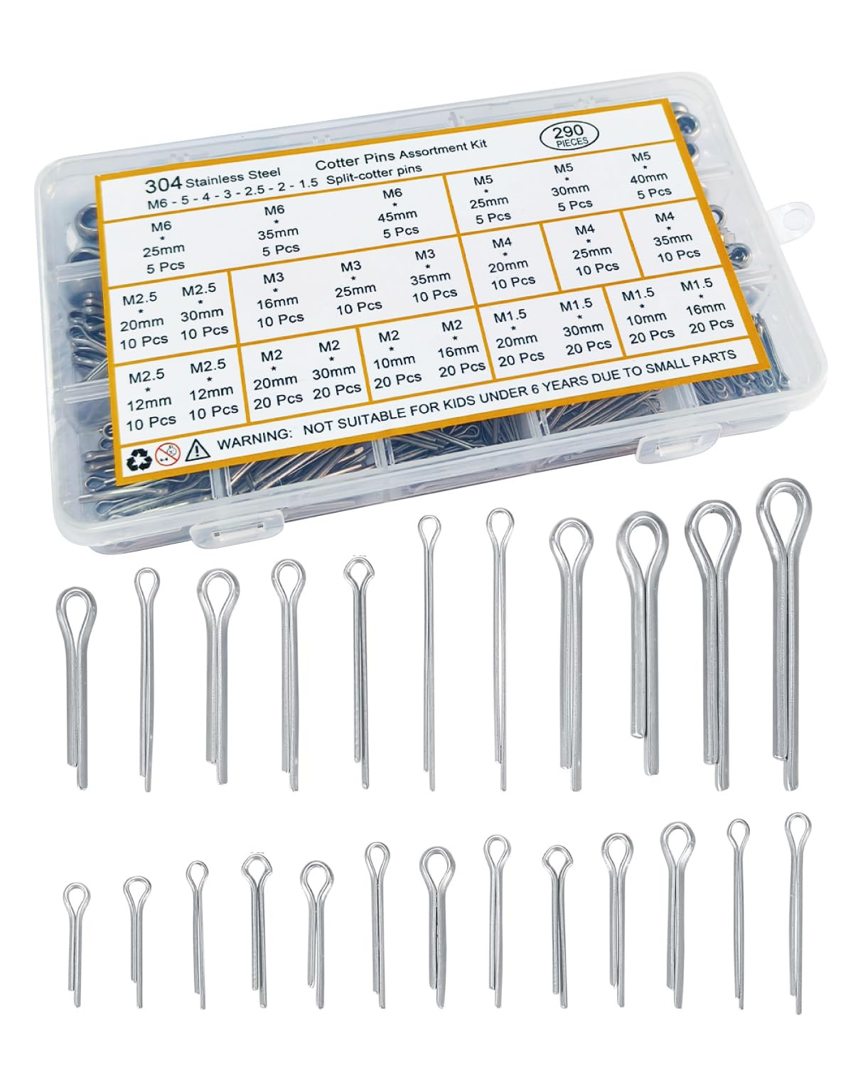 290 Pcs Cotter Pin Assortment Kit - 24 Sizes of Stainless Steel Pins