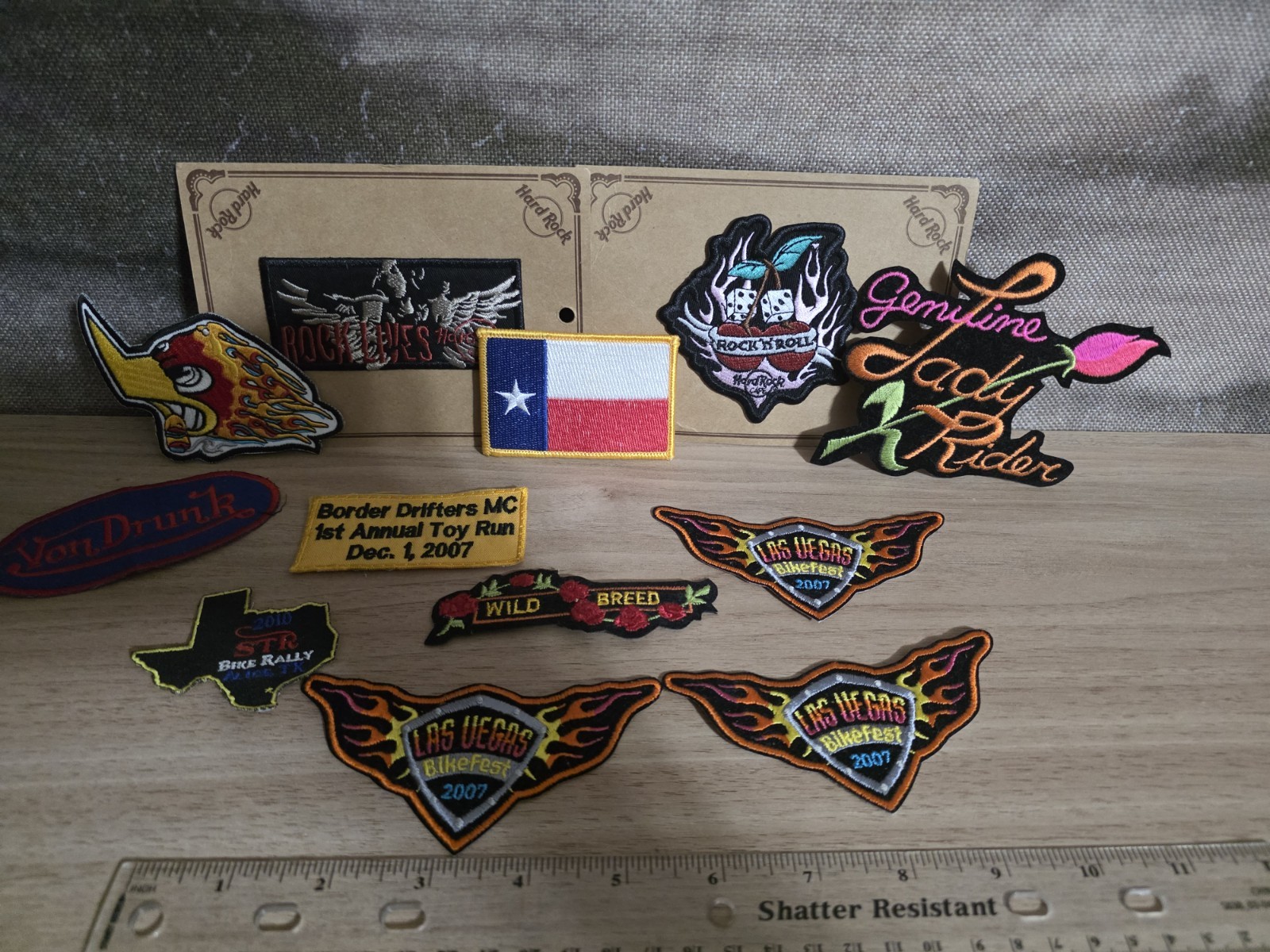 Assortment Of 12 Bicker Patches For Sewing. Hard Rock. Bike fest. Mixed Lot