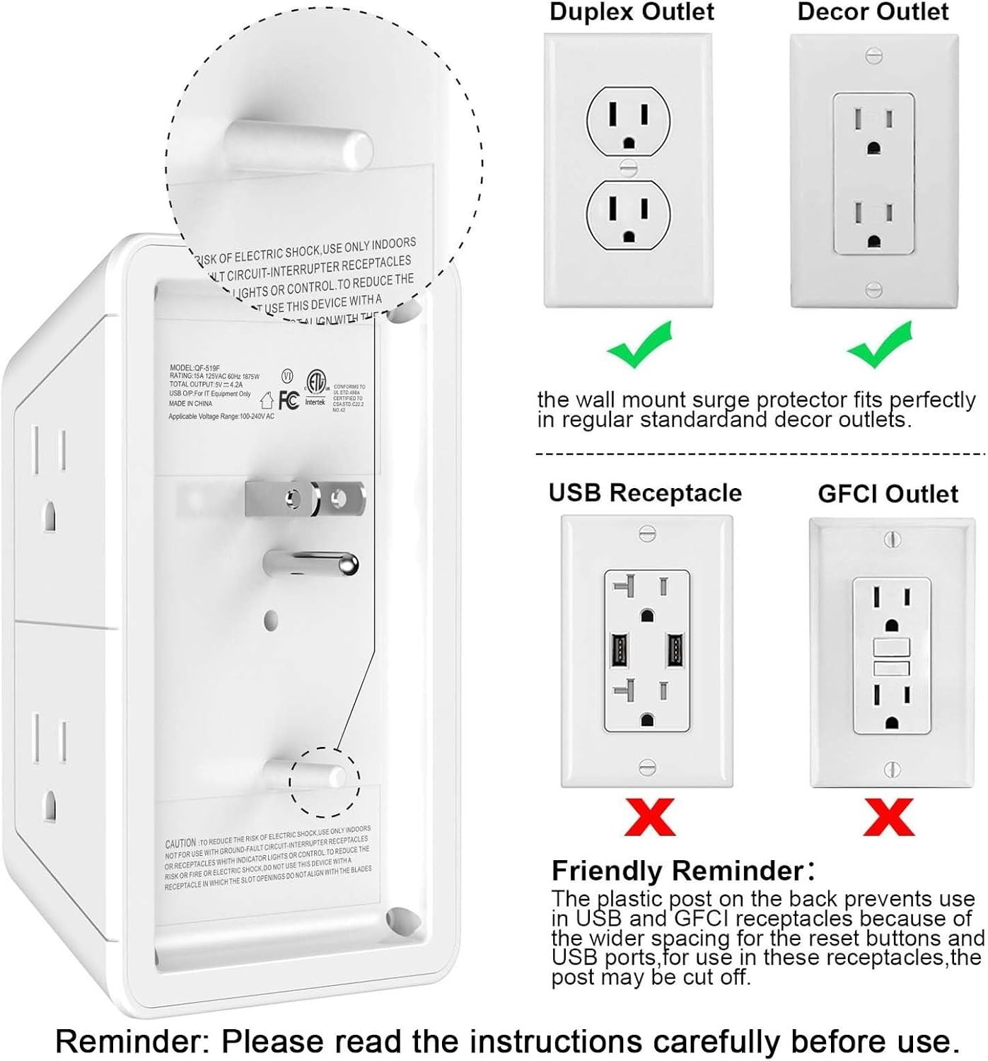 Compact 5-Outlet Multi-Plug Extender with 4 USB Ports & 1680J Surge Protection
