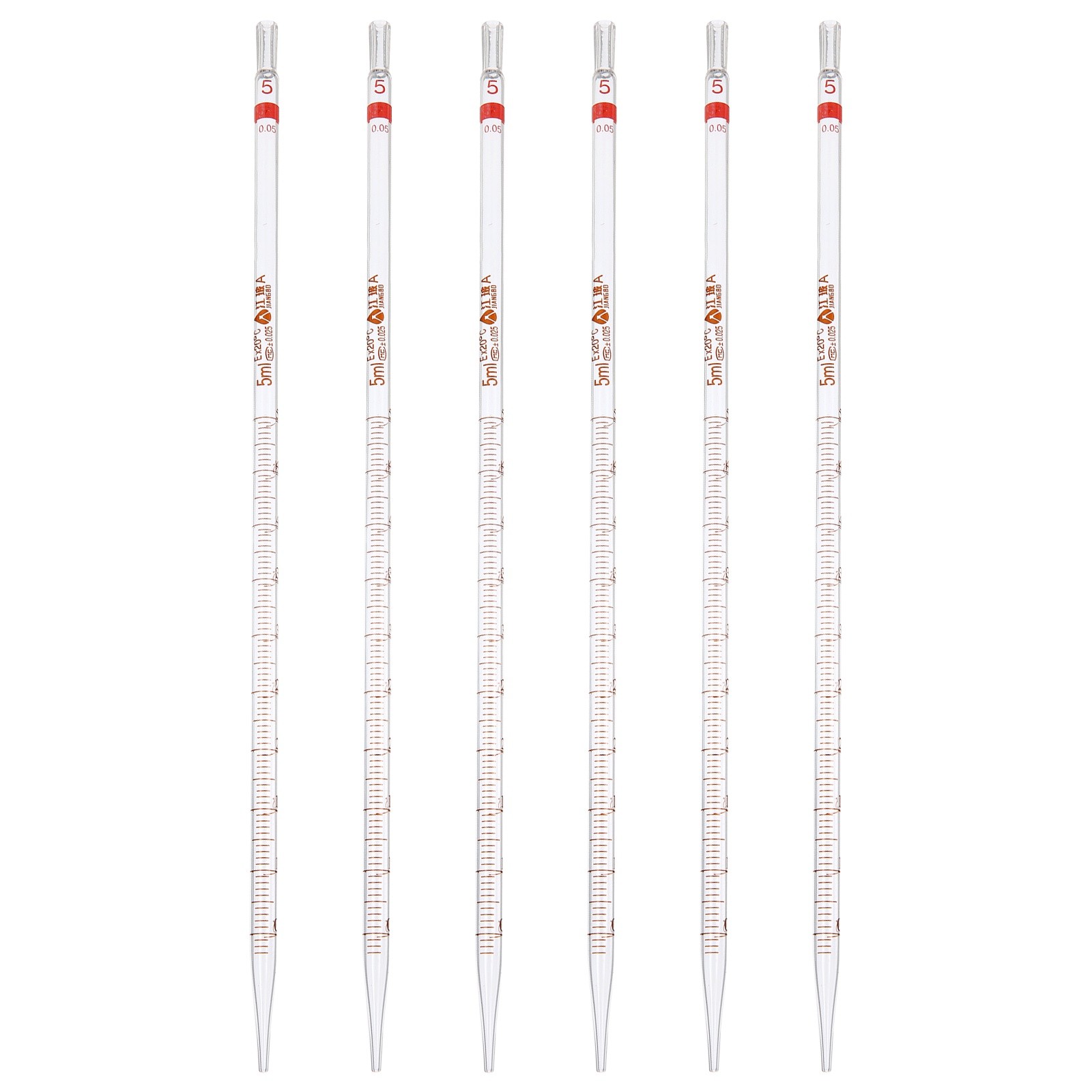 6Pcs 5ml Glass Graduated Pipettes +/- 0.025 Tolerance with Color-Coded, Clear