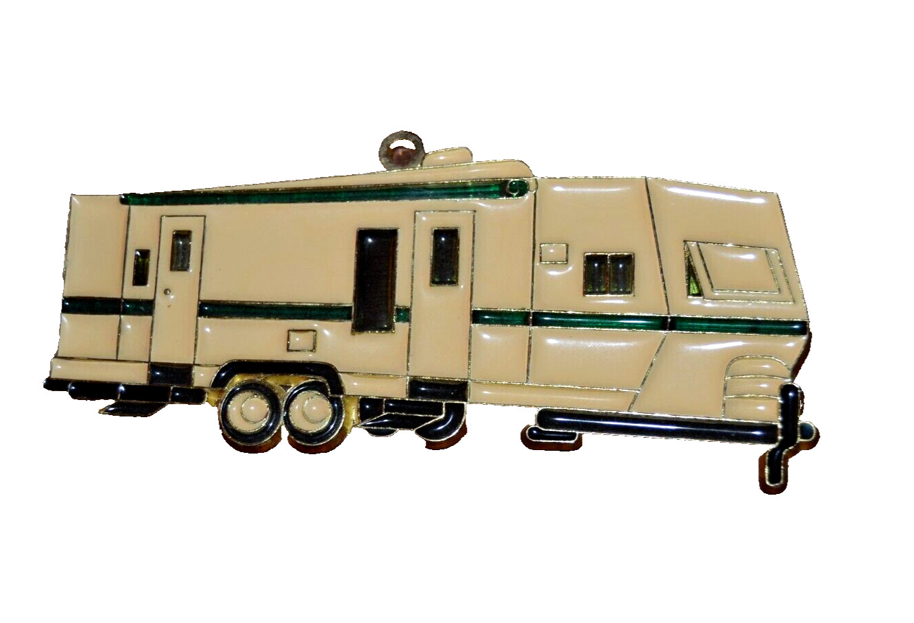 STAINED GLASS Suncatcher MOTORHOME RV TRAILER 5 3/4"  Vtg ORNAMENT Beige/Green
