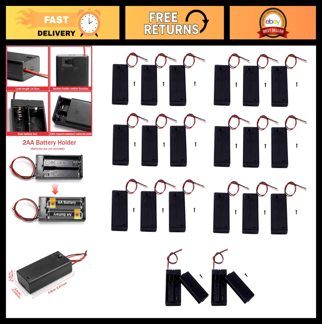 20-Pack AA Battery Holder with ON/OFF Switch & Wire Leads - 1.5V Case