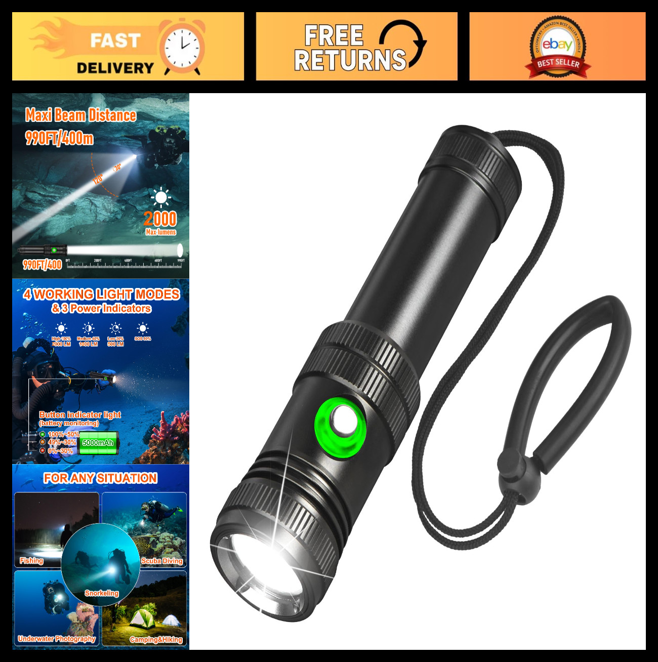Super Bright 2000 Lumens Dive Light - 4 Modes, IP68 Waterproof, USB Rechargeable
