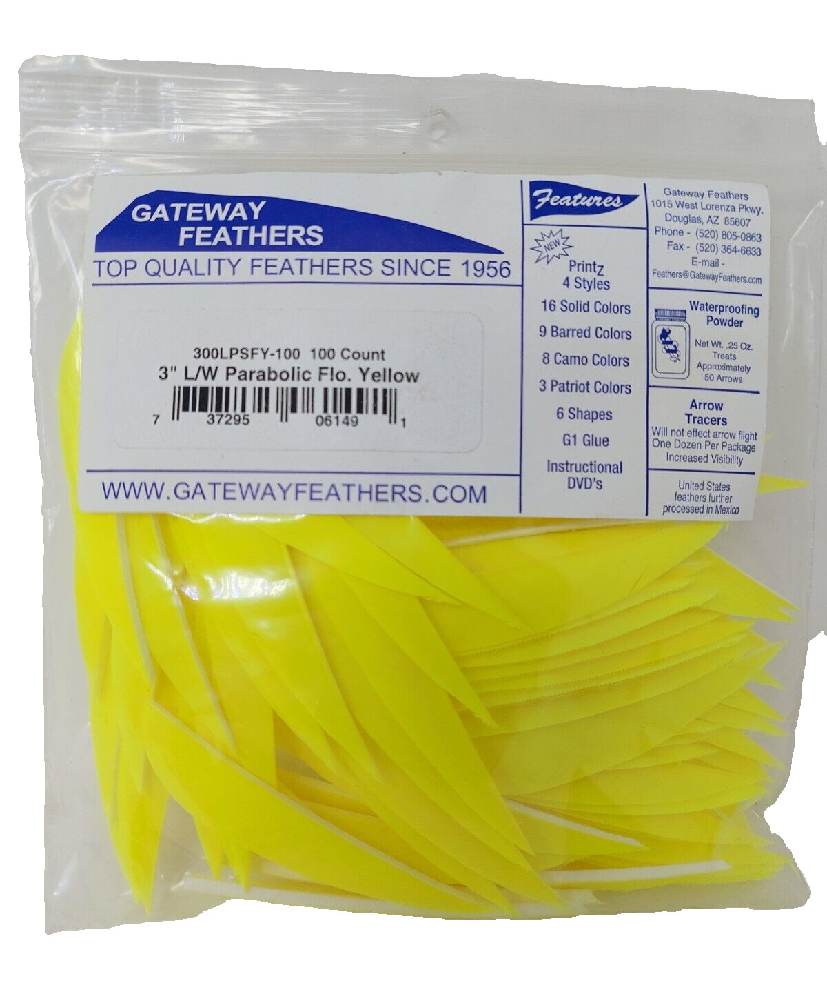 100 Pack Gateway Feathers 3" Left Wing: Parabolic Flo Yellow 300LPSFY-100