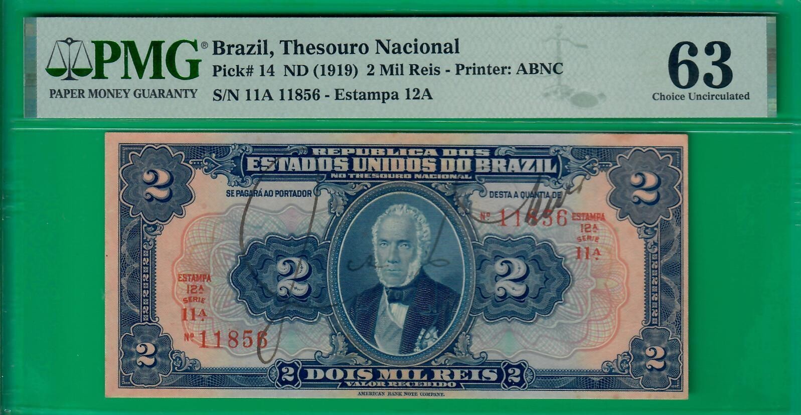 Brazil 2 mil reis ND(1919), P14, PMG Choice UNC *63*, highest grade sold @ebay!