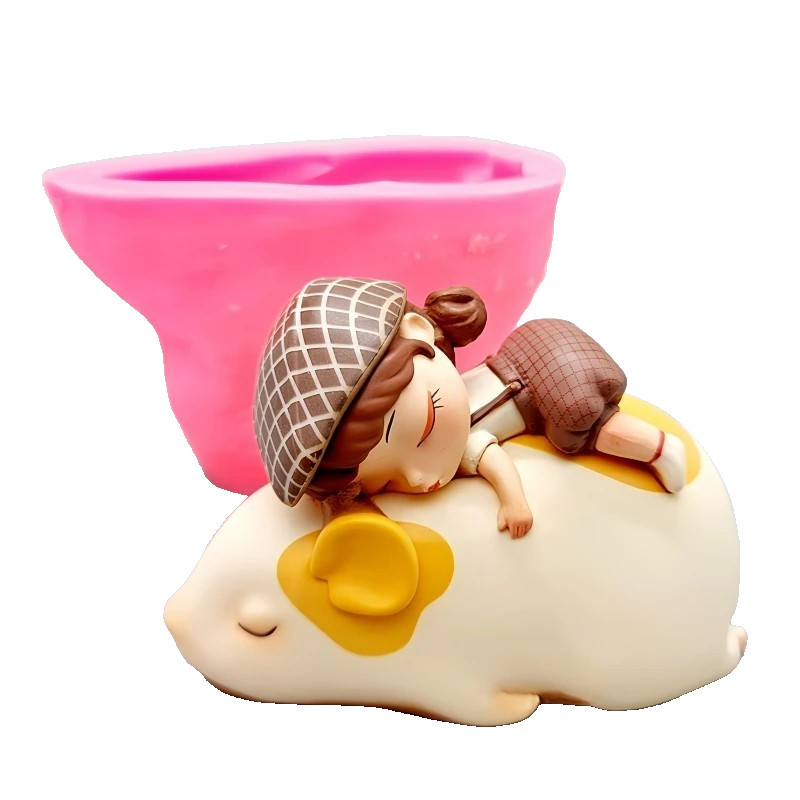 Gypsum Girl and a Mouse Silicone Mold Cartoon Figurine Sculpture Craft DIY Mould