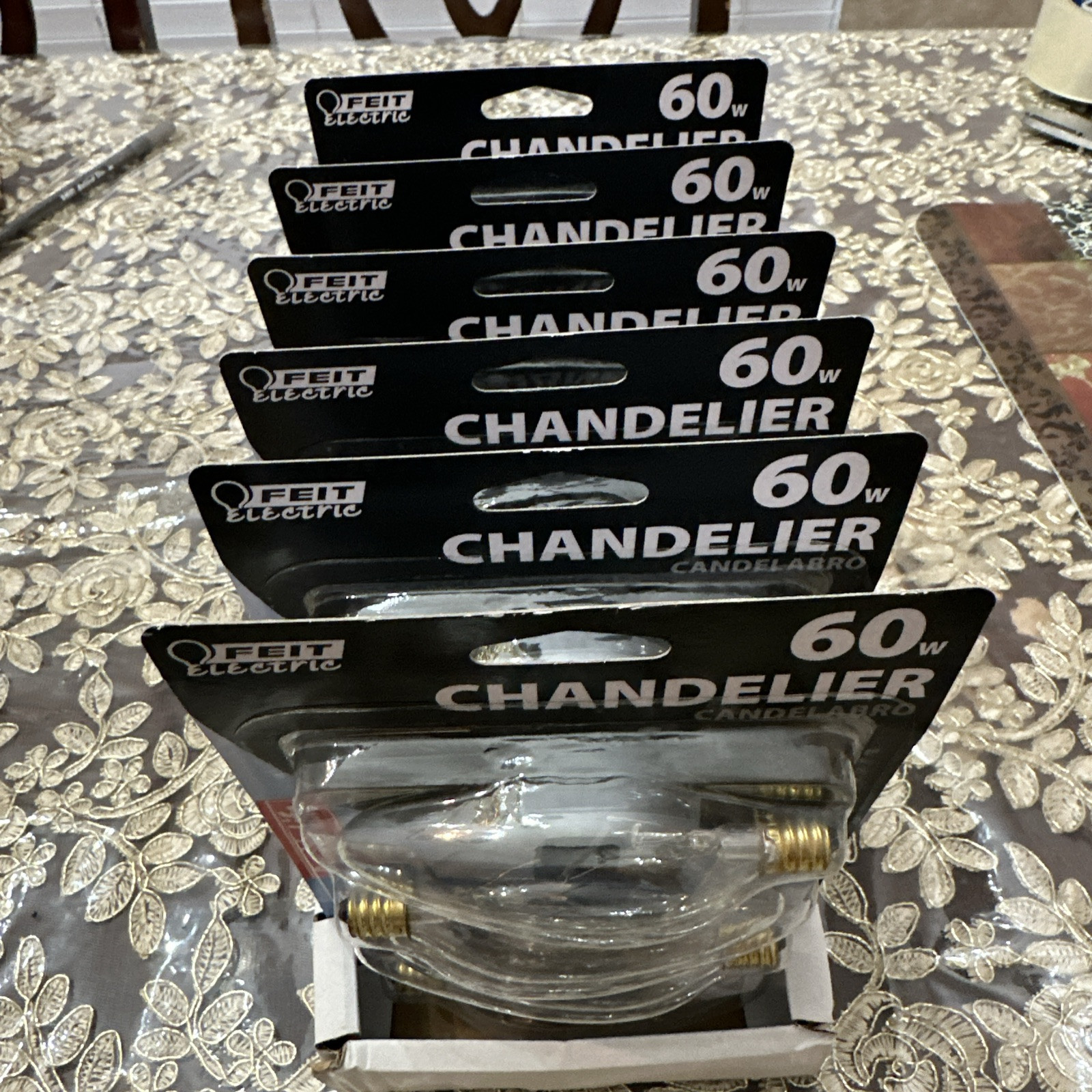 Lot of 6 Feit Electric Chandelier 4 bulbs, Light Bulbs Candelabra Base 60W New