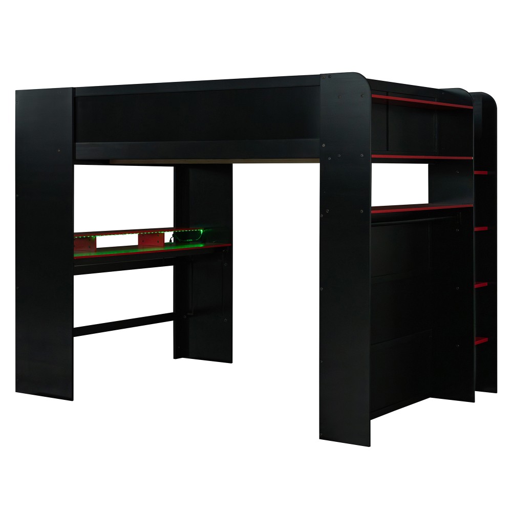 Full Size Bunk Bed with Desk, RGB Lights, Wardrobe, Storage for Gaming Setup