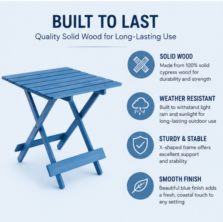 Folding Solid Wood Patio Table Portable Outdoor Square Table Blue Balcony Yard