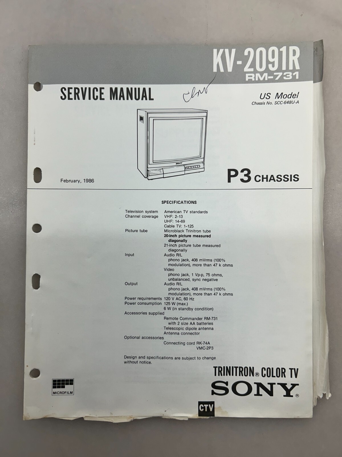 Sony KV-2091 Service Manual Copy From Sony Free Shipping
