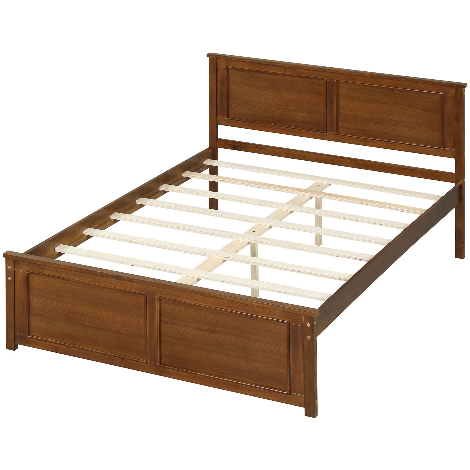 Full Size Bed Frame, Farmhouse Wooden Platform Bed with Headboard, White/Walnut