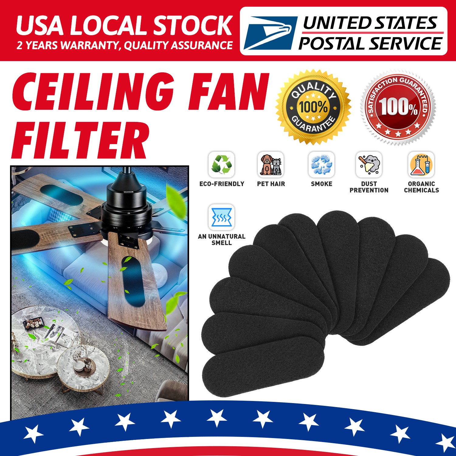 Upgrade Durable 10Pcs Ceiling Fan Filters for Blades Activated Carbon Air Filter