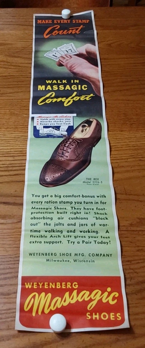 Weyenberg Massagic Shoes Vintage Poster Ad Rare War Ration Stamp 8.25x42