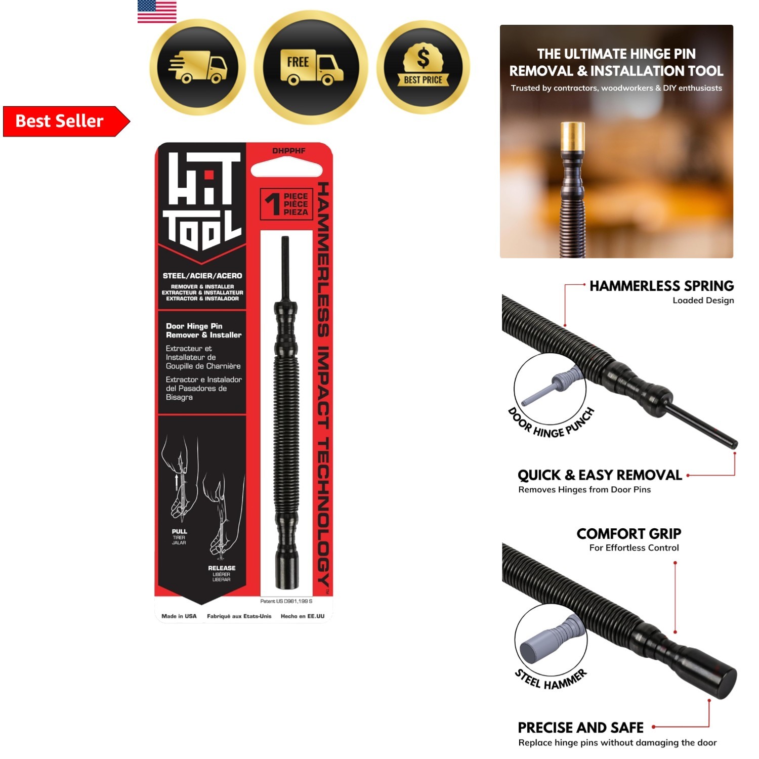 Door Hinge Pin Removal Tool Hinge Pin Punch Steel-Faced Hammer Compact