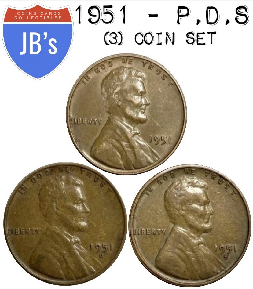 1951 P D S Lincoln Wheat Cent Penny 1c (3) Coin Set - Circulated (G/VG)
