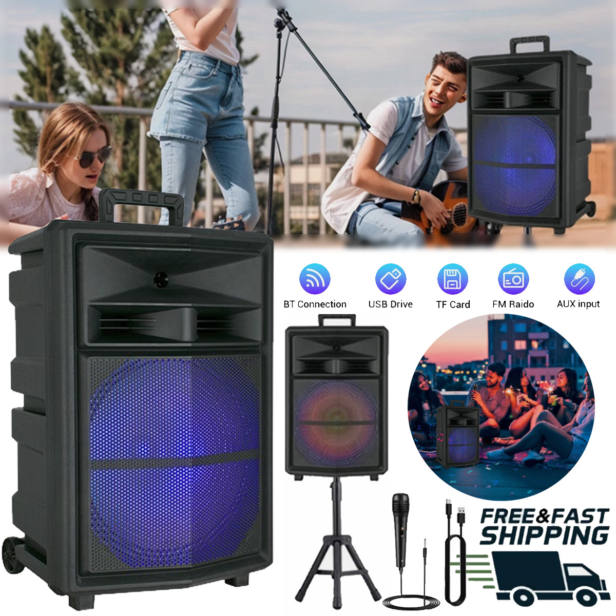 Portable 15" Bluetooth Party Speaker Bass USB TF AUX FM TWS Lights w/ Stand Mic