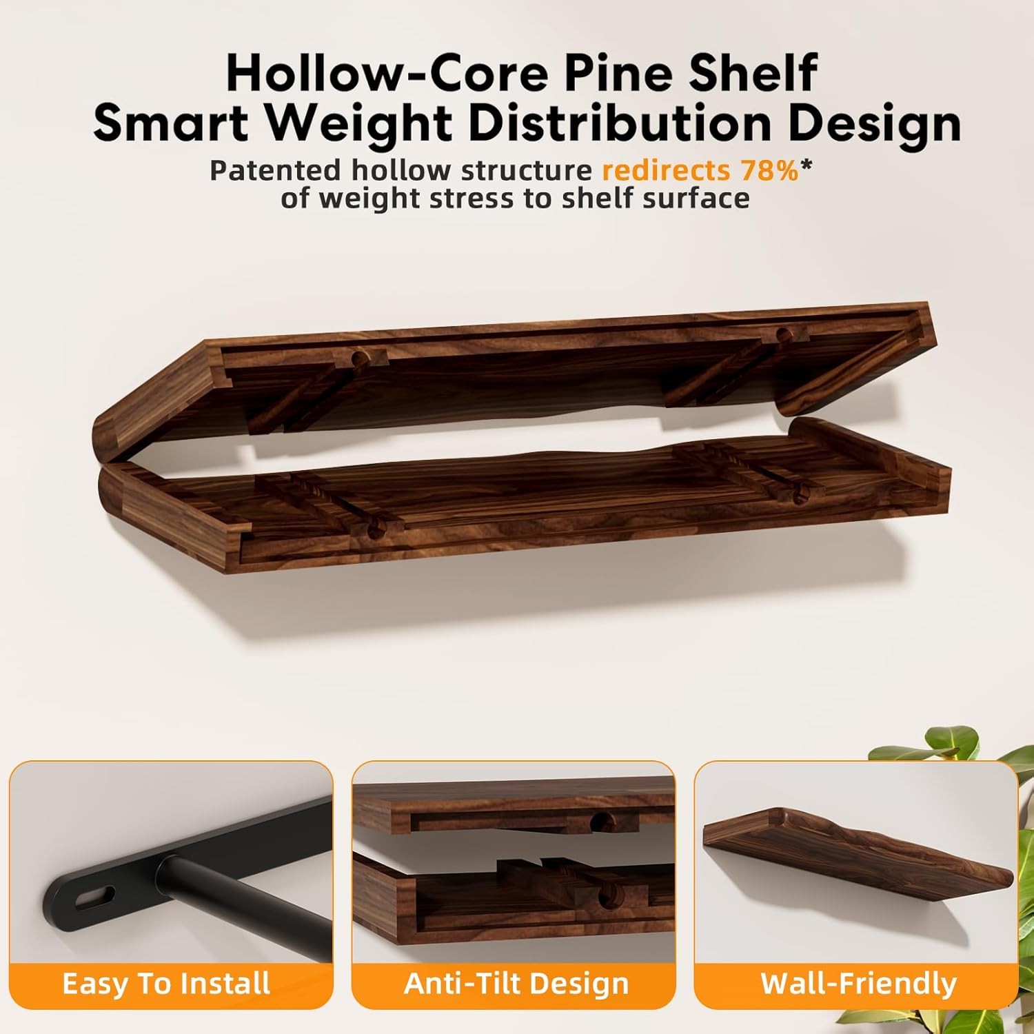 24in Solid Wood Live Edge Floating Shelves Rustic Wall Shelf Set Walnut