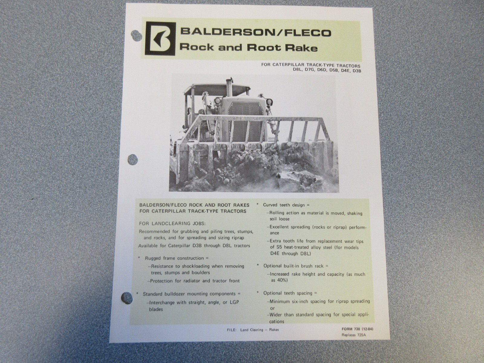 Balderson/Fleco Rock & Root Rakes for Caterpillar Dozers Brochure 2 Page