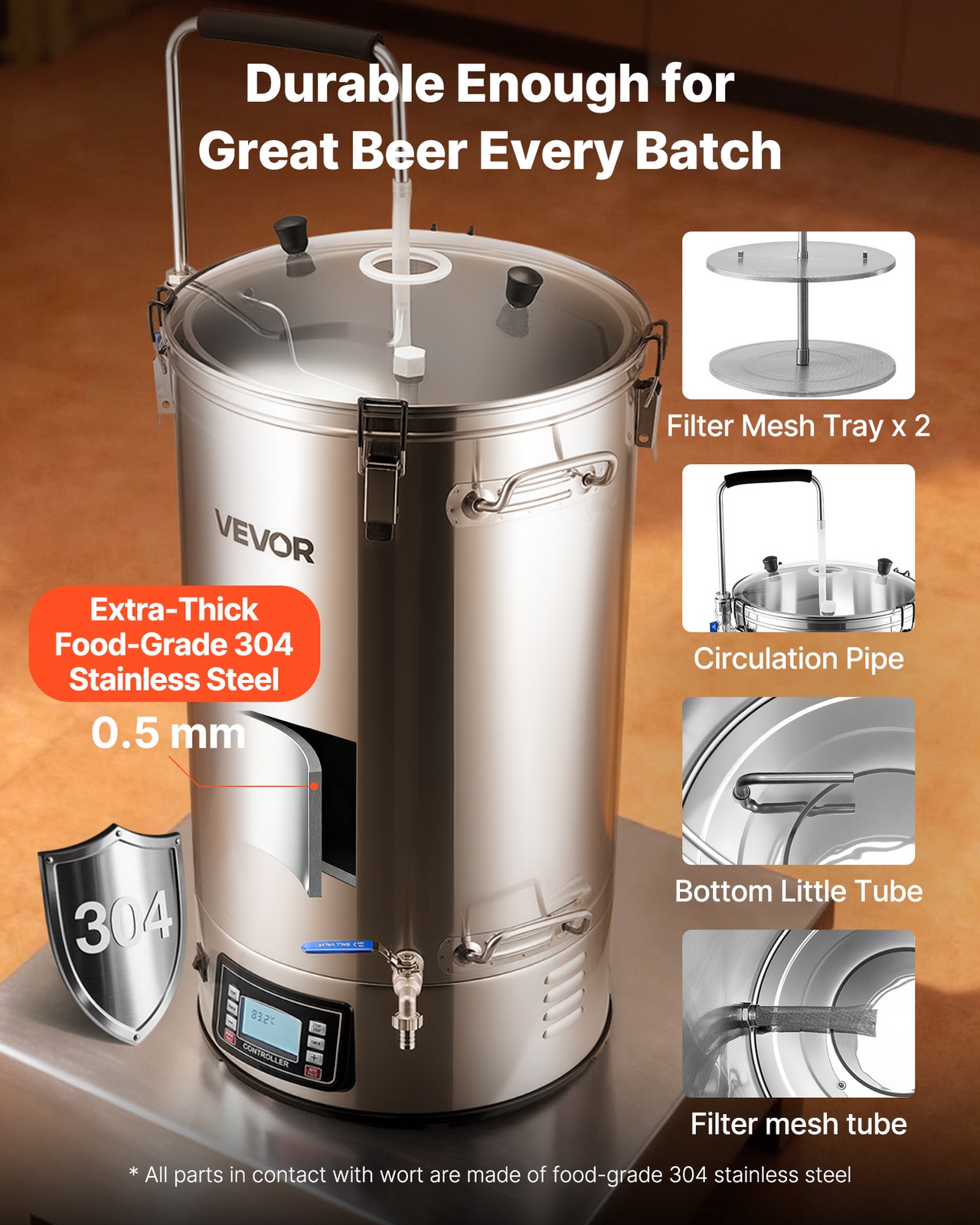 VEVOR Home Beer Brewing Machine Grain Brewing System w/ Circulating Pipe 16 Gal