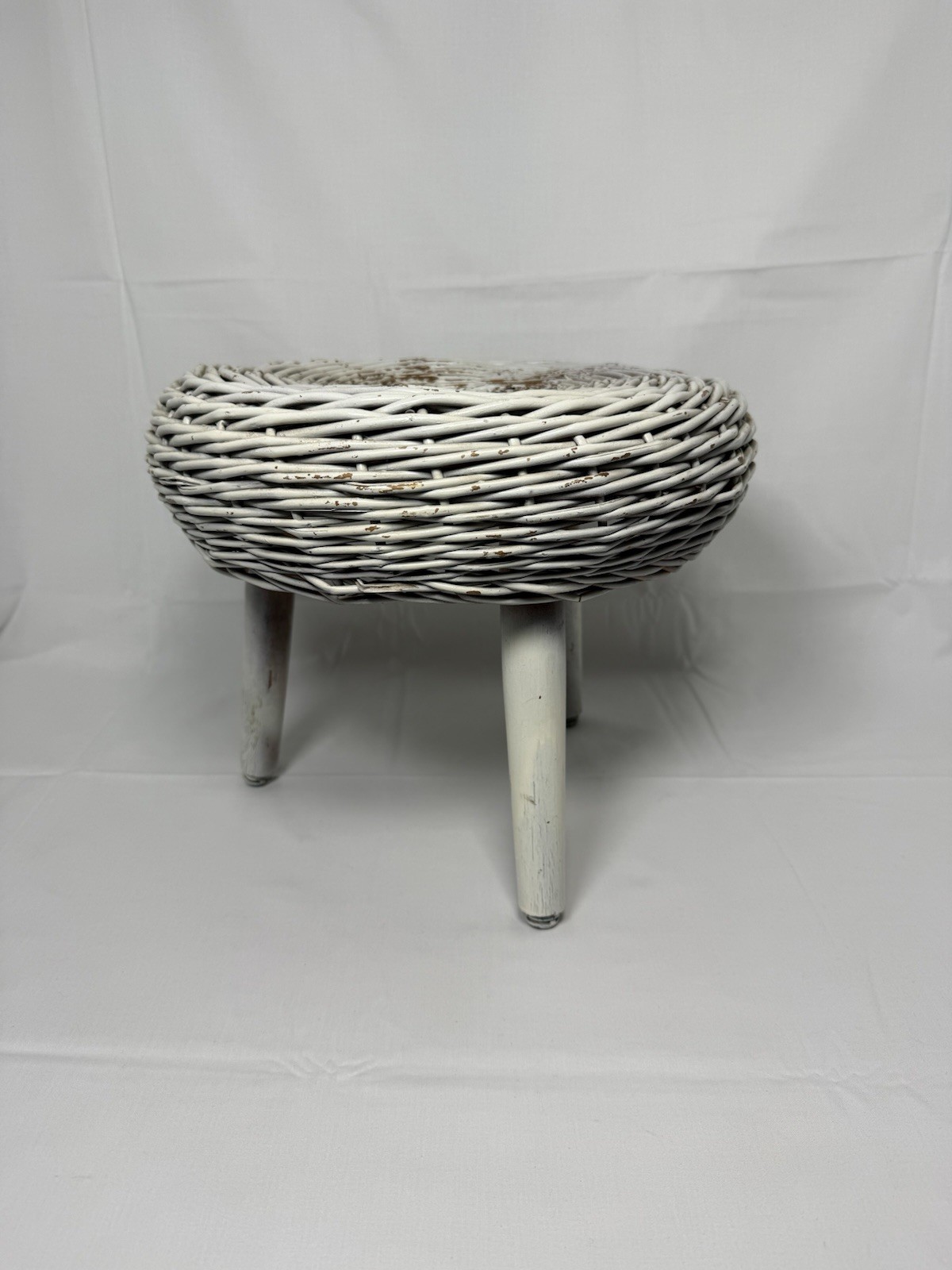 Vintage 3 Legged Wicker Tony Paul Attributed MCM Stool White