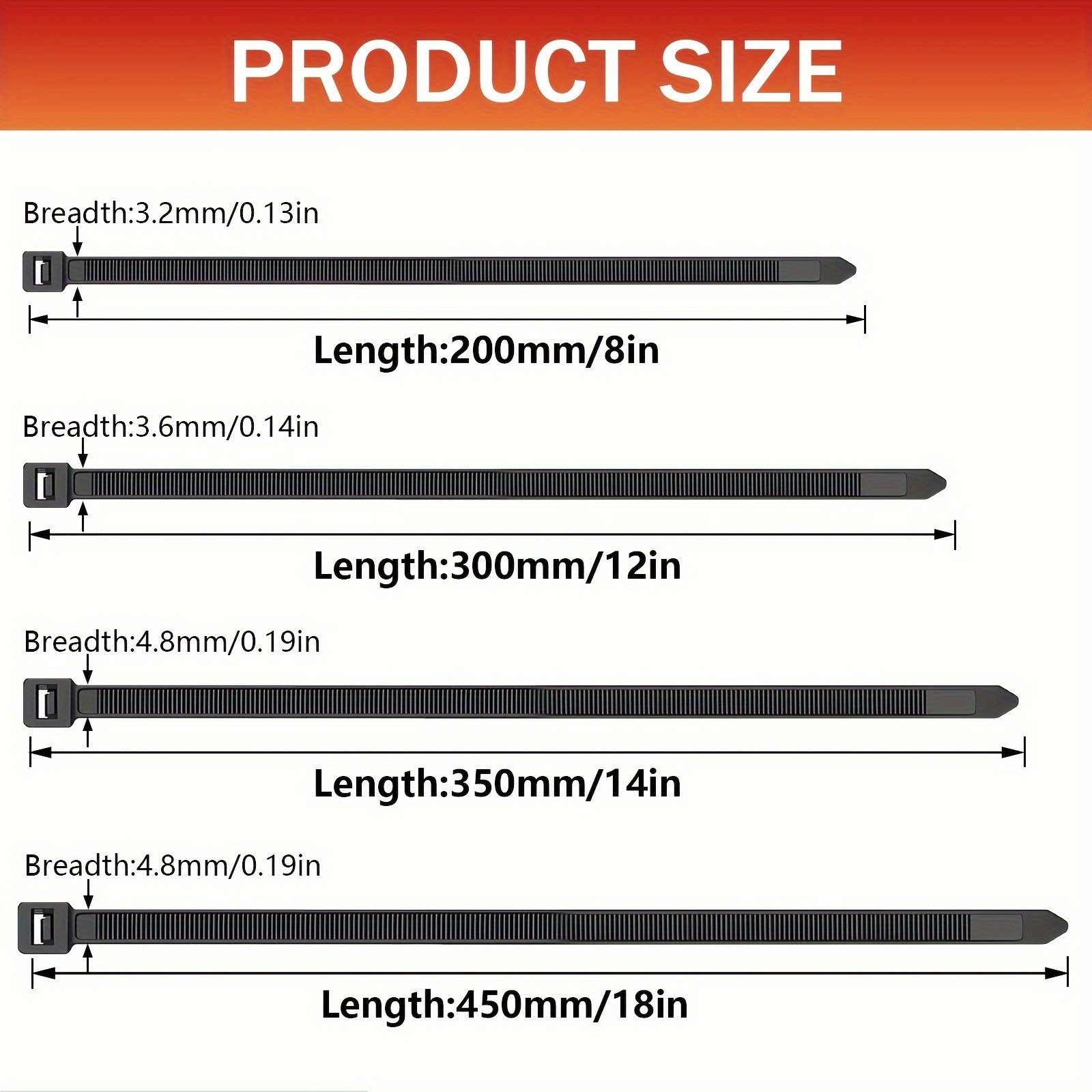 Zip Cable Ties Assorted Sizes (8”+12”+14”+18”) Heavy Duty Nylon UV Resistant