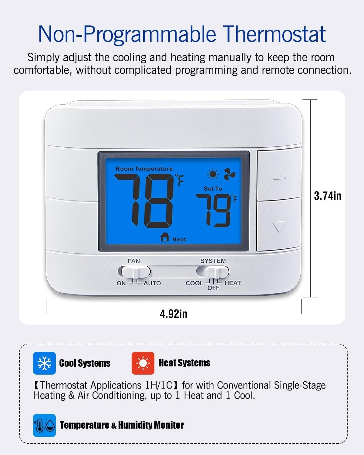 Non-Programmable Thermostat for 1 Heat/1 Cool Systems with Blue Backlit Display