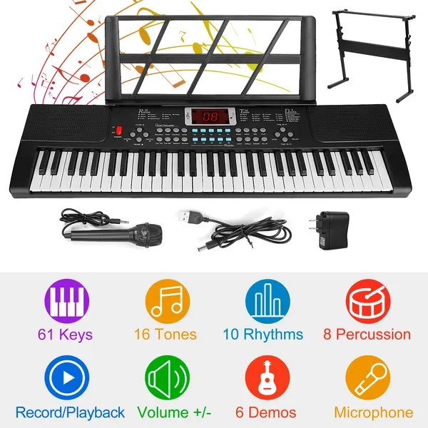 61‑Key Digital Music Keyboard with Adjustable Stand – Kids Electronic Piano with