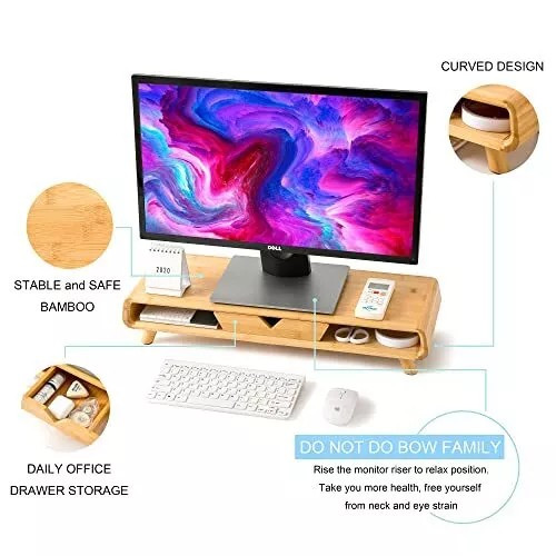 Homerays Bamboo Monitor Stand Riser, No Assembly Required, Ergonomic Bamboo Wood