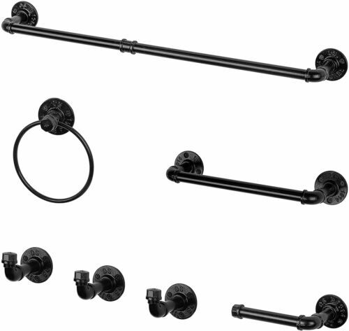 7 Pack Pipe Towel Rack Bathroom Hardware Set Kit Metal Toilet Paper Holder Black