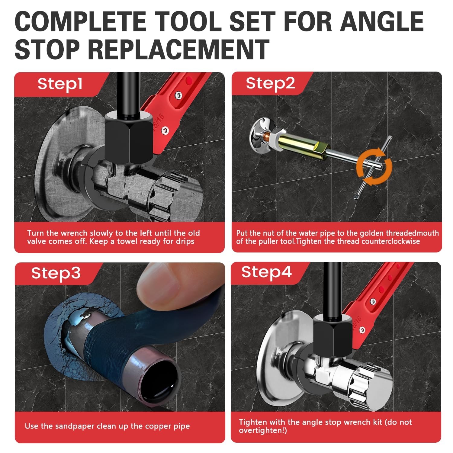 6-Piece Plumbing Tool Kit - Angle Stop Wrench, Compression Sleeve Puller, Sandpa