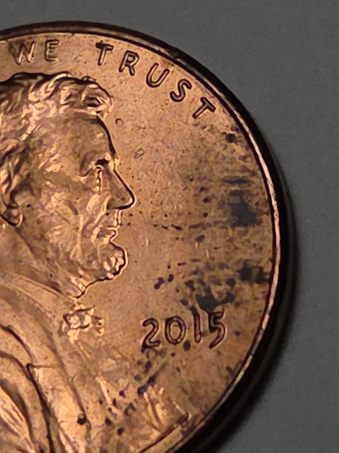 2015 P Penny with Die Chip Error on Reverse Top of Shield