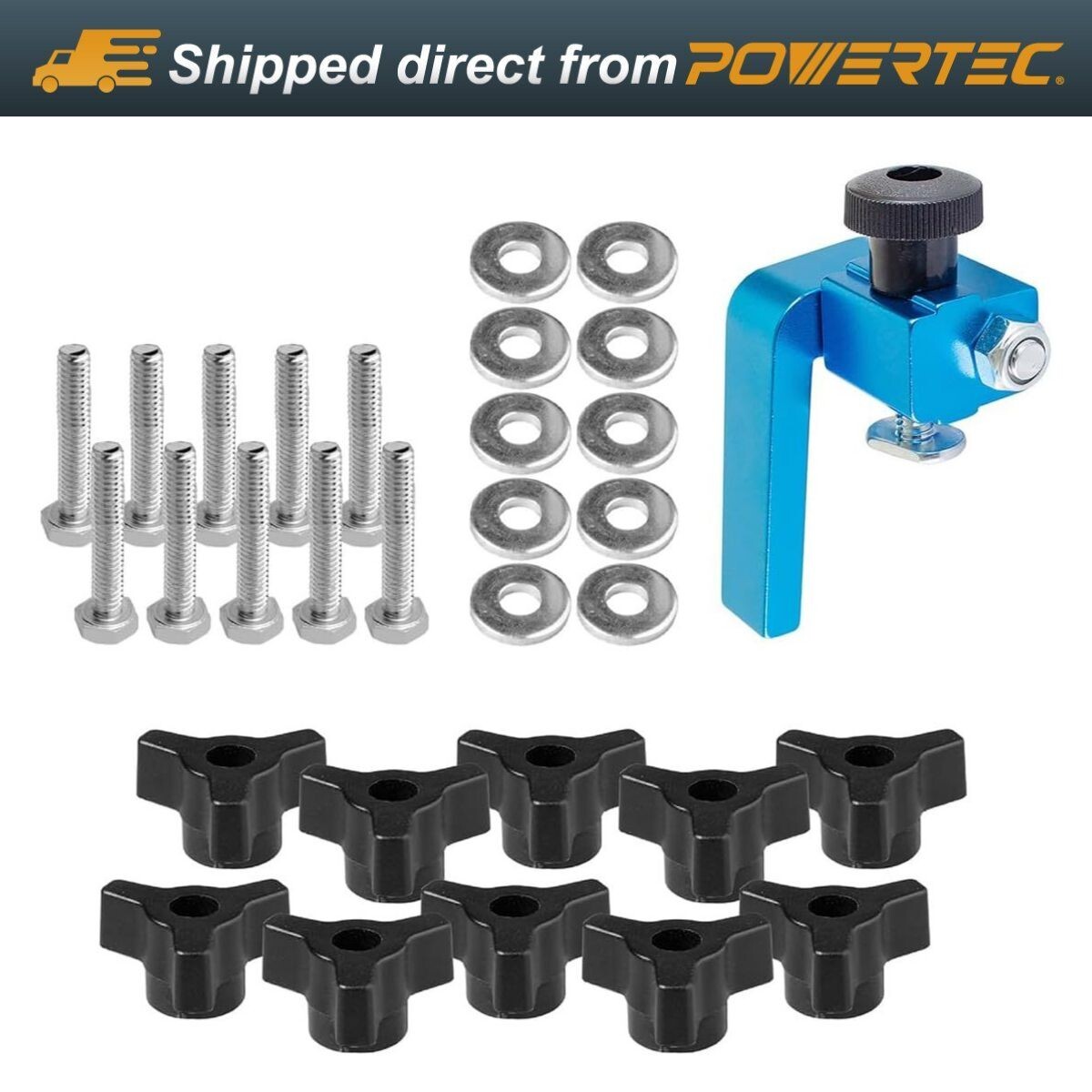 POWERTEC 71888 3" Fence Flip Stop & T-Track Knobs Kit with Hex Bolts & Washers