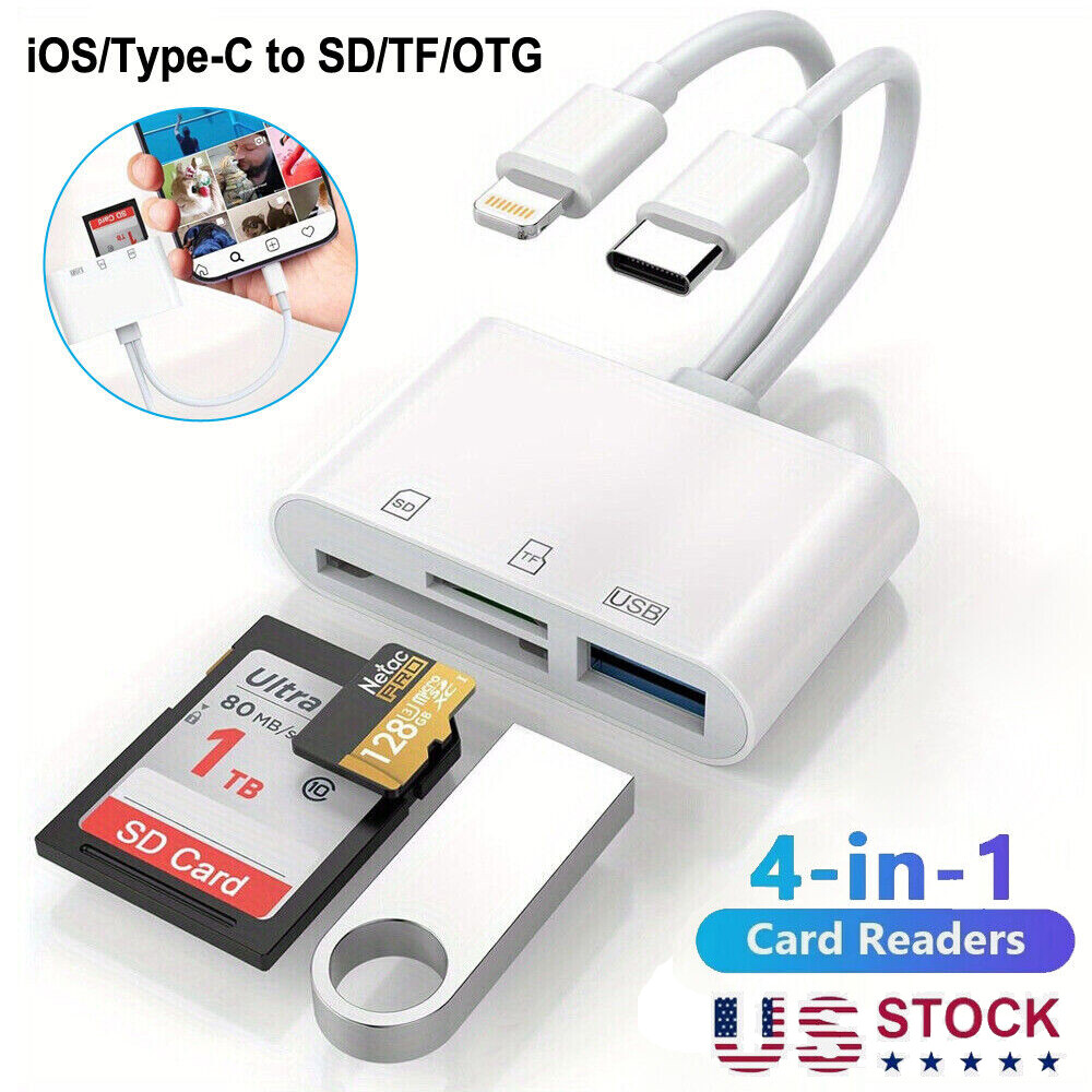 ⚡4 in 1 IOS/Type C USB OTG Adapter SD/TF Card Reader For iPhone/Android Phone/PC