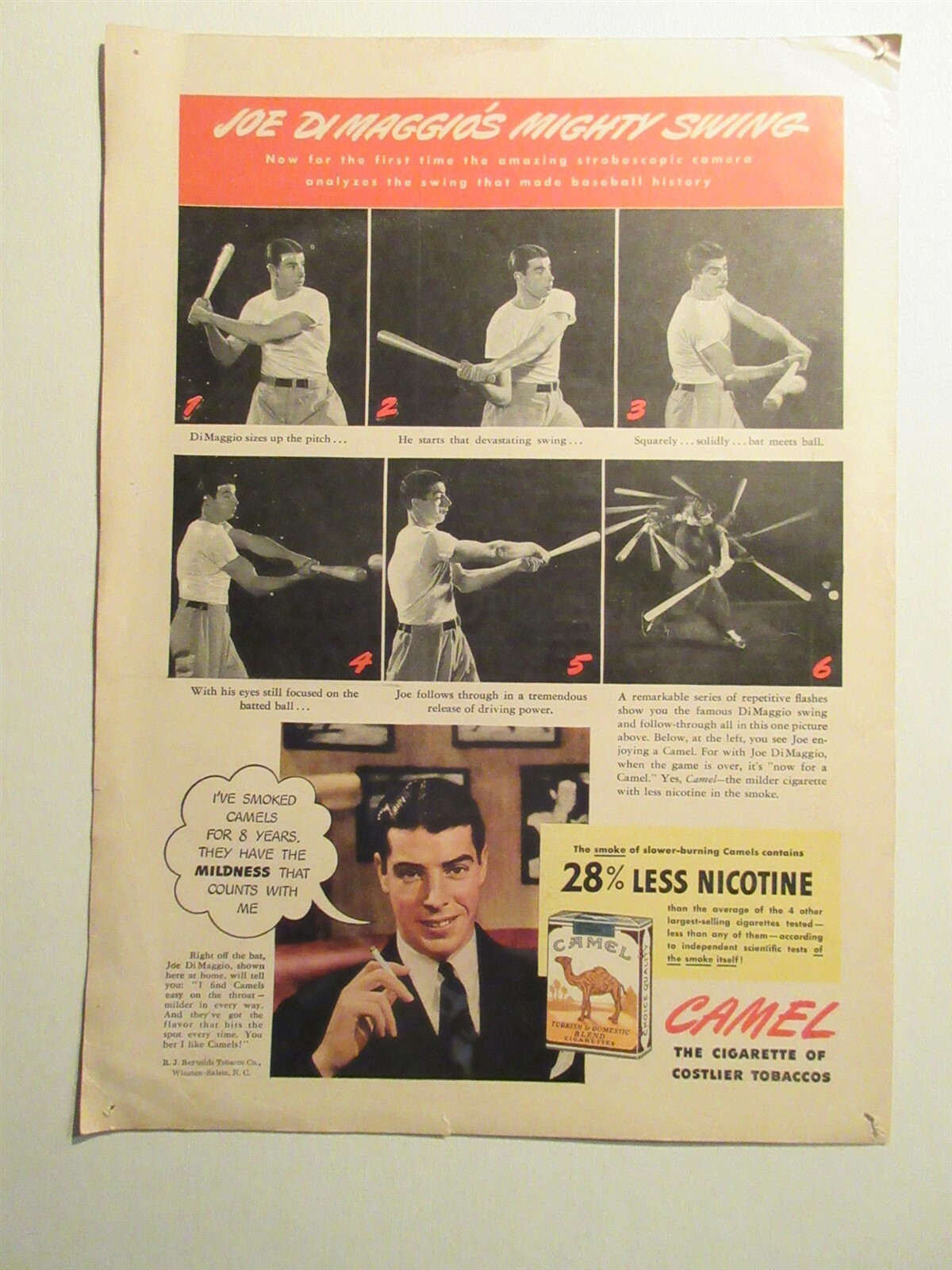 Joe DiMaggio New York Yankee Great 1942 Camel Cigarette Ad