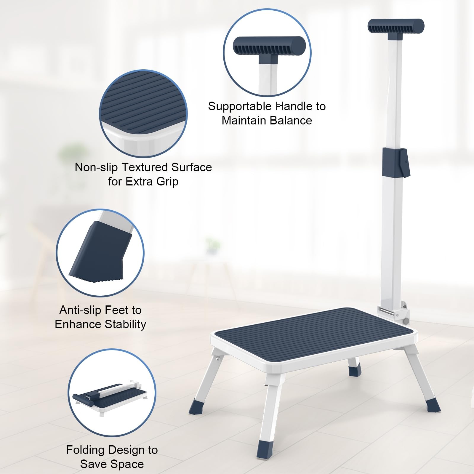 Folding Step Stool with Handle for Elderly Adults - Portable Metal Stepping