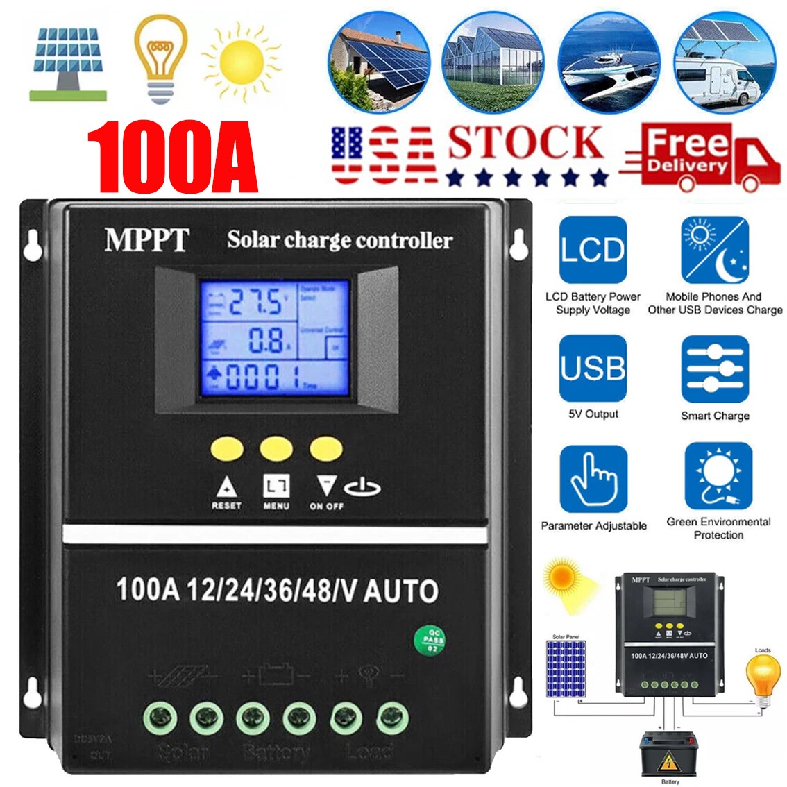 4000W MPPT 100AMP Solar Charge Controller For 12V 24V 36V 48V Battery Regulator