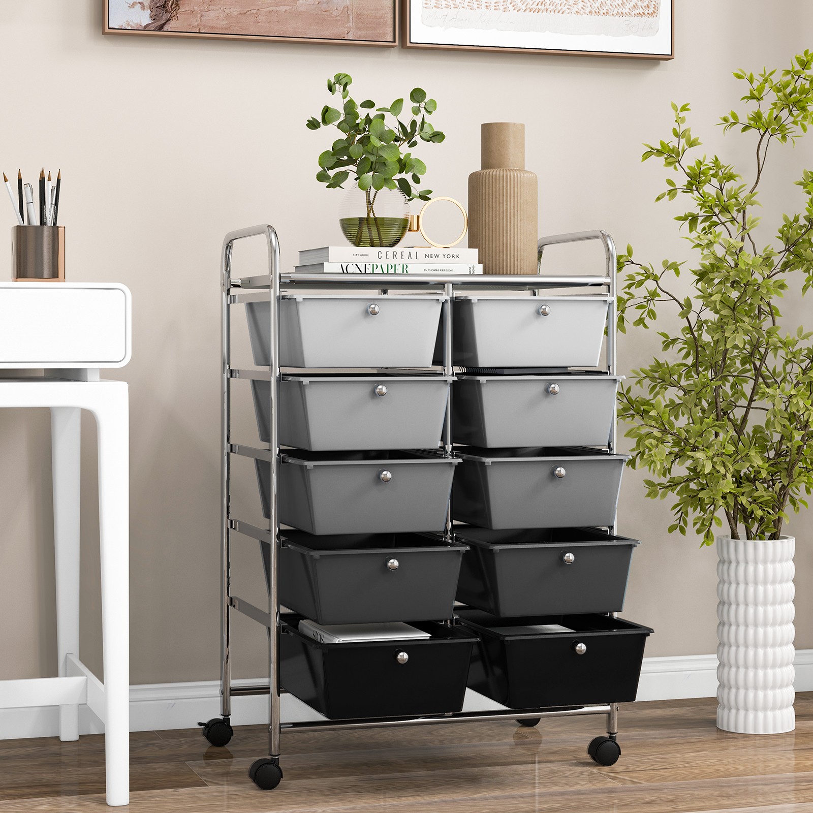 10-Drawer Storage Cart Utility Rolling Trolley Kitchen Organizer Black Gradient