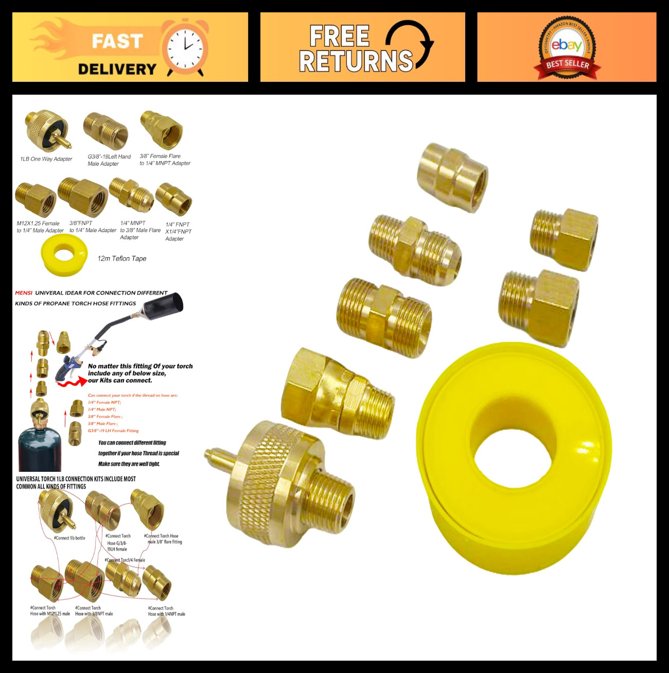 Universal Weed Torch Propane Tank Converter Kit - 8PC Fittings, 1lb Adapter Set