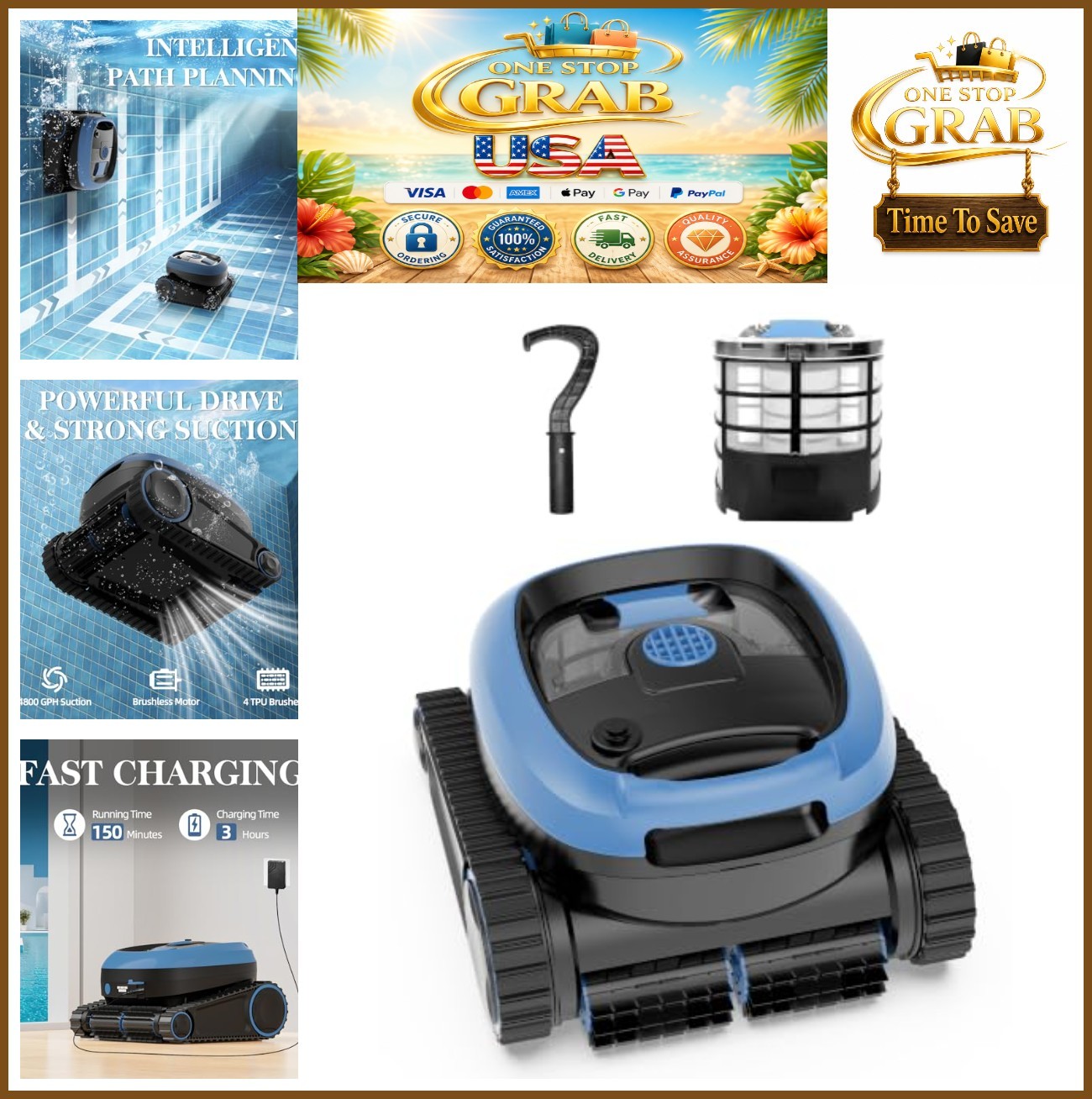 Robotic Pool Vacuum Cordless 4800 GPH 3-in-1 Wall Waterline Cleaning 150 Mins