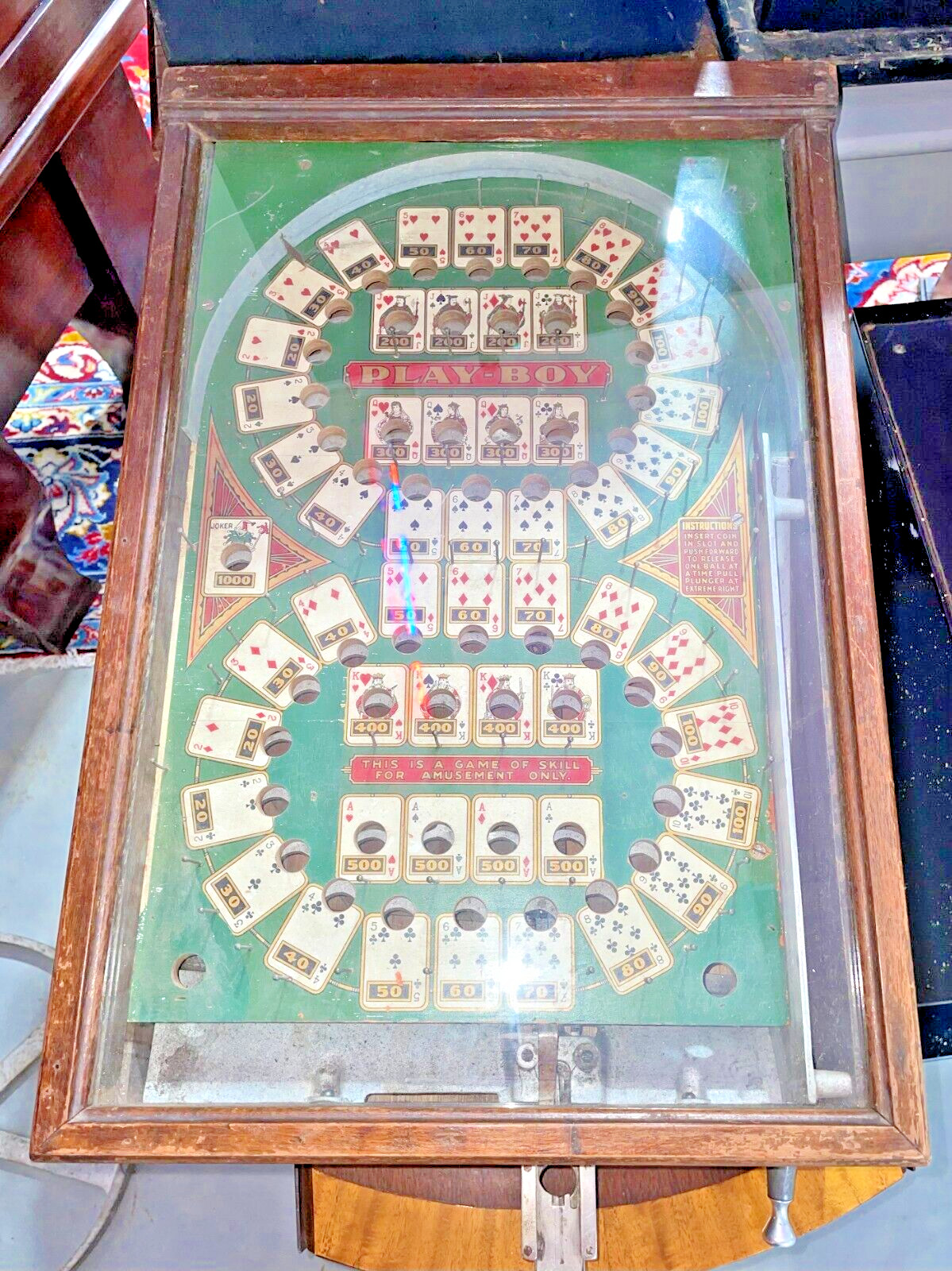 Antique 1930s Wooden Table Top Penny Play-Boy Poker Pinball Machine