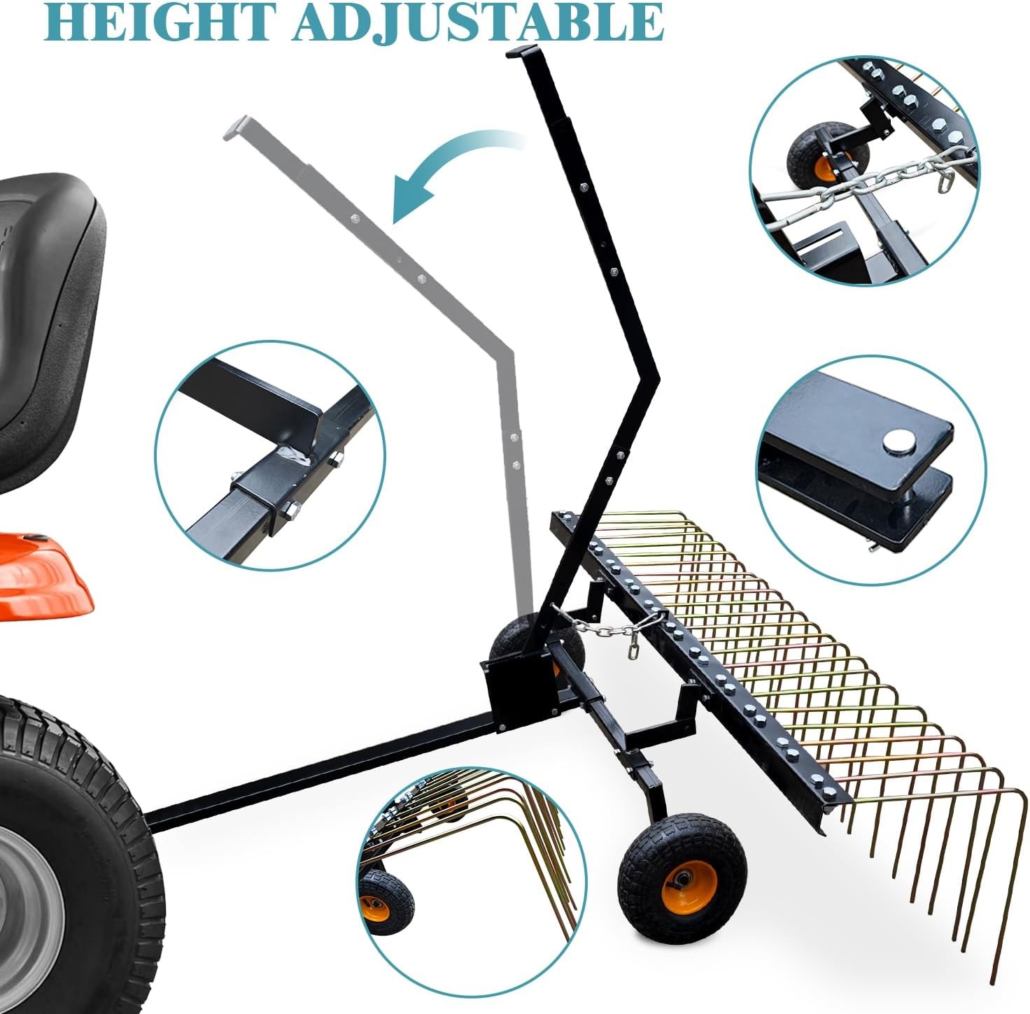 60" ATV UTV & Lawn Tractor Tow Behind Steel Landscape Rake Pull Dethatcher