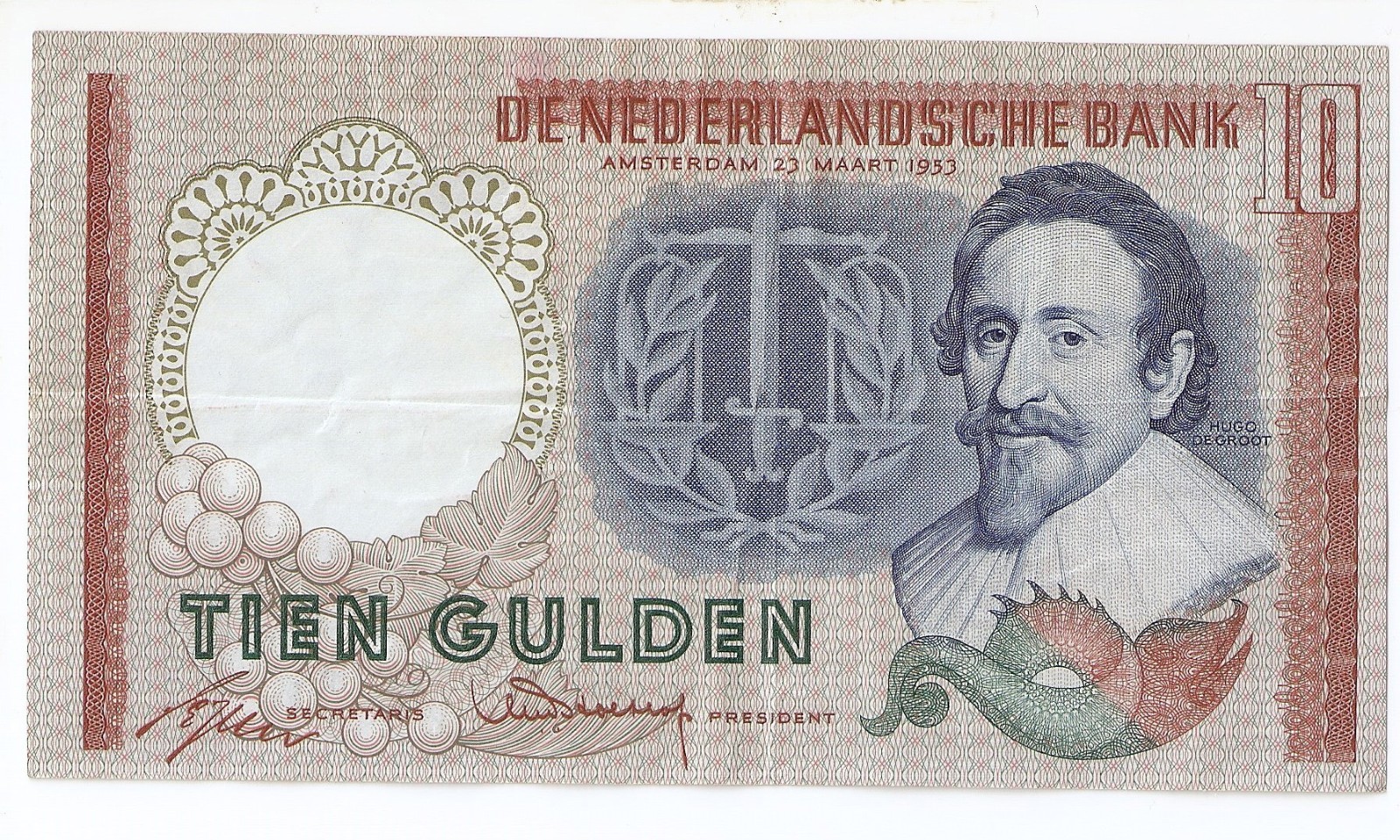 Netherlands 10  gulden 1953 Hugo de Groot # DZL 004914 High grade!!!!